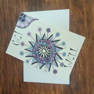 🌻 5/$20 Handmade Floral Zentangle Card- Blue, Purple& Black- Get Well Card